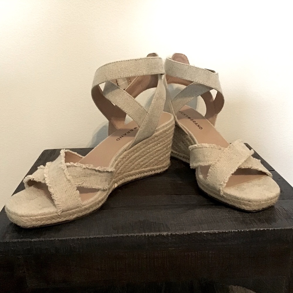 Lucky Brand, Myghan espadrille wedge, natural/platinum metallic linen, 8M